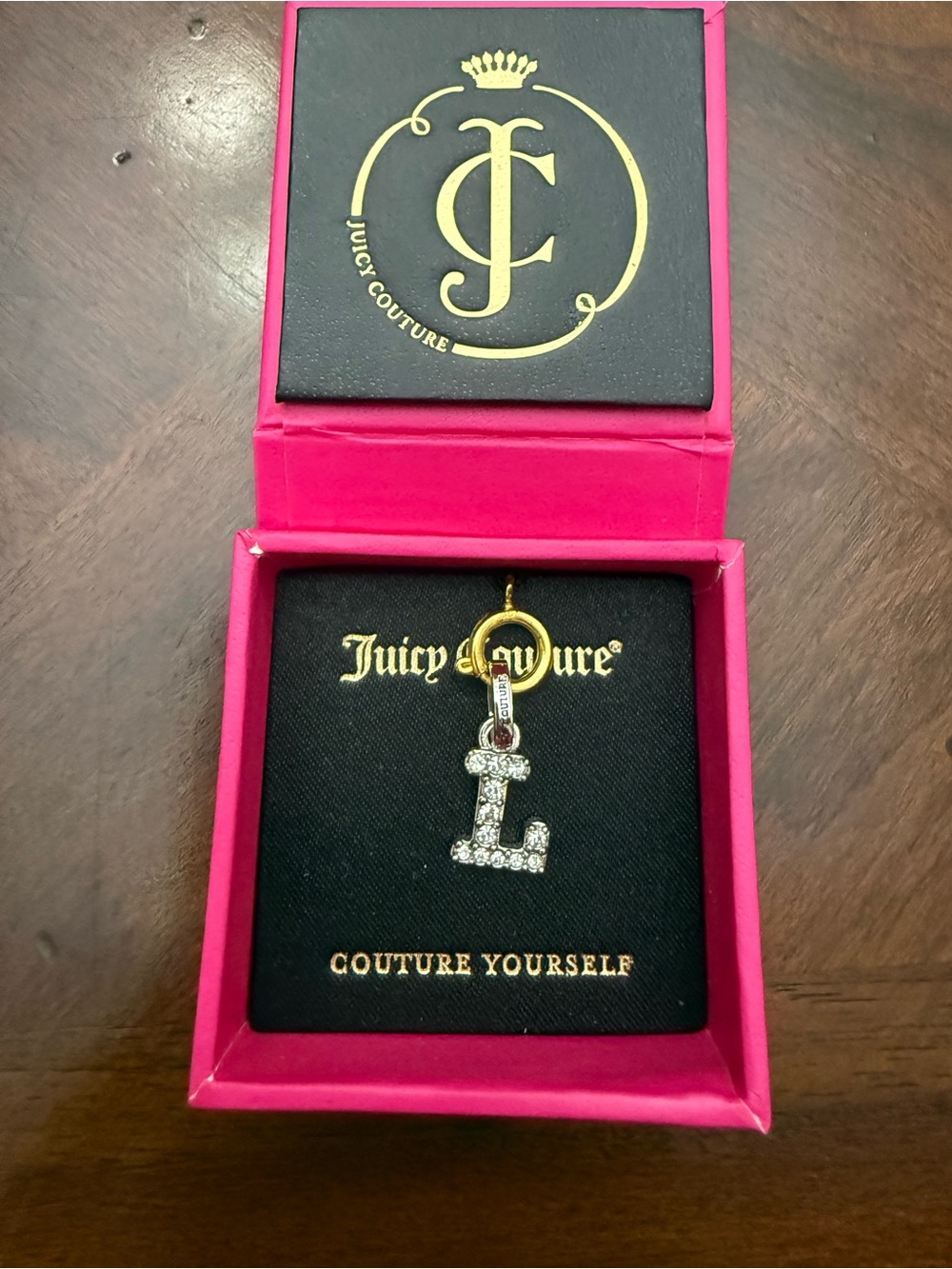 Vintage Juicy Couture Gold and Clear Crystal 'L' Initial Pendant with Pink Box